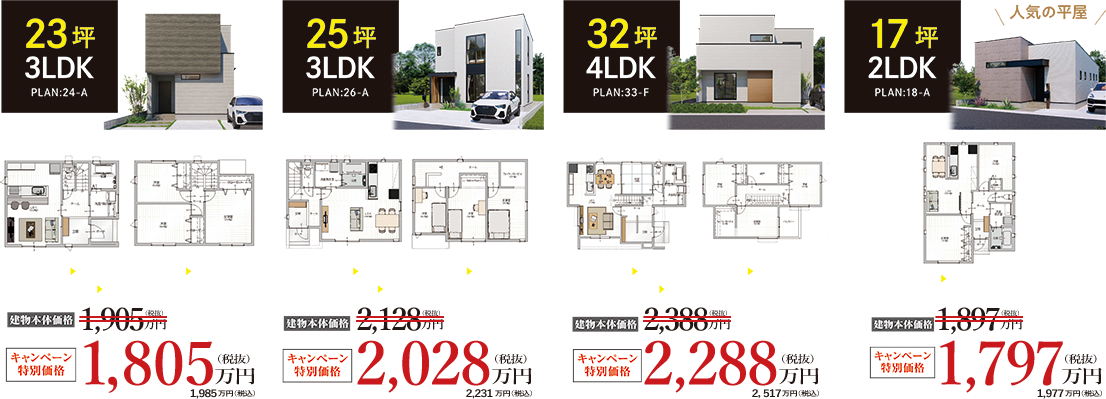 23坪3LDK PLAN:24-A 本体価格1,985万円 25坪3LDK PLAN:26-A 本体価格2,231万円 32坪4LDK PLAN:33-F 本体価格2,517万円(税込) 17坪2LDK PLAN:18-A 本体価格1,977万円(税込)
