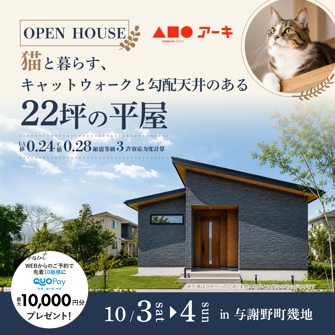 猫と暮らす、キャットウォークと勾配天井のある22坪の平屋  　